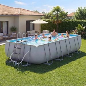 SunSwell 18' x 9' x 47" Rectangular Above Ground Pool Set with Removable Ladder and Filter Pump, Large Swimming Pool for Backyard, Gray