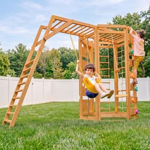 Avenlur Hawthorn 9-in-1 Outdoor Activity Center | Swing, Rock Wall, Monkey Bars | Ages 3-11 | Pine Wood Construction | Climbing Rope, Net Wall | Strength, Coordination, and Imagination-Boosting Fun