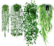 Bafenli 4 Pack Fake Plants Hanging with Pots, Artificial Eucalyptus Vines, Boston Fern, Mandala Vines, String of Pearls for Home Room Wall Shelf Bathroom Office Indoor Outdoor Decor