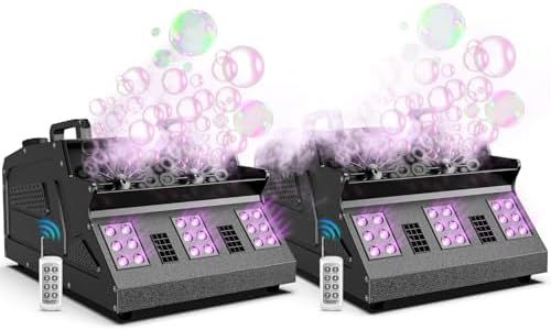 2000W Fog Machine, 3 in 1 Fog Bubble Machine with 2 Bubble Fans, 7 CH RGB 18 LED Lights Smoke Bubble All in 1 Machine, Fog Machine for Party, Wedding, Festival, Birthday, 2 Pack