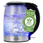 COSORI Electric Kettle Glass, Fast Boil Quiet, 3000W 1.5L with Blue LED, Stainless Steel Filter, Boil-Dry Protection, Black, BPA Free