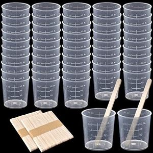 Coopay 50 Pack 60ml/2oz Plastic Graduated Cups Transparent Scale Cups Clear Epoxy Mixing Cups with 100 Pack Wooden Stirring Sticks for Resin, Epoxy, Stain, Mixing Paint
