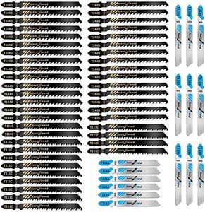 60Pcs Jigsaw Blades Set, Contractor Assorted T Shank Jig Saw Blades, Multi-Purpose HCS/HSS Saw Blades for Cutting Wood, Plastic, PVC and Metal (T144D, T244D, T111C, T118A, Each 15pieces)