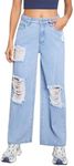 SweatyRocks Women's Casual Loose Ripped Denim Pants Distressed Wide Leg Jeans Blue Solid S