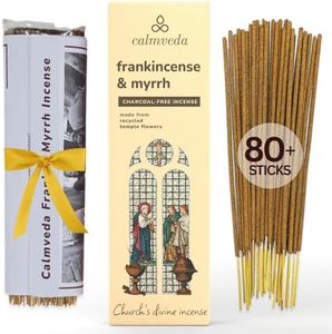 Calmveda Church Frankincense and Myrrh Incense - 80 Sticks, Charcoal Free, Handmade from Upcycled Flowers, Spiritual Healing Incense
