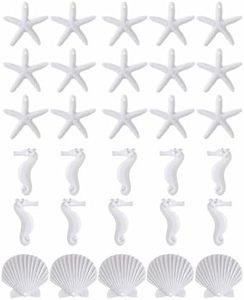 LJY 30 Pieces White Resin Pencil Finger Starfish Seahorse & Seashells Set with Drilled Holes for Wedding Home Decor and Craft Project