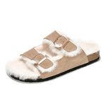 Project Cloud Platform Sandals House Slippers Genuine Suede Shearling Fur lining Slide - Eva Outsole Cozy Womens Sandal - Adjustable Straps Arch Support Indoor & Outdoor (Dianea), Taupe, 8.5