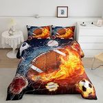 Erosebridal Football Comforter Twin Rugby Sports Bedding Set for Teen Boys Girls Kids,Soccer Basketball Baseball Comforter Red Blue Water Fire Lightning Quilt Duvet Insert Bedroom Decor 1 Pillow Case