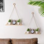 Decazone ® Macrame Wall Hanging Shelf Wood Floating Shelves with Wooden Beads & Ring Modern Chic Decor for Dorm Living Room Nursery Gift Item 55 x 43 cm Beige (Set of 2)