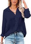 Womens Blouse Casual Long Sleeve Shirt Tops V Neck Button Down Shirts Basic Loose Tunic T Shirts (L, Navy Blue)