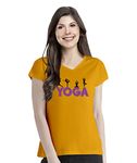 Pooplu Women's Regular Fit Yoga Moves Cotton Graphic Printed V Neck Half Sleeves Yellow Cotton Yoga T Shirt. Yoga, Pootlu, Gym, Exercise (Oplu_Yellow_XX-Large)