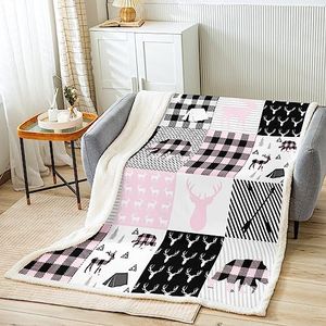 Cute Deer Sherpa Blanket Deer Hunting Fleece Throw Blanket Rustic Camping Cabin Buffalo Sherpa Blanket Bear Deer Lodge Patchwork Fuzzy Blanket Queen 90"x90"