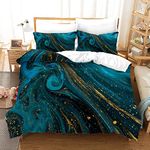 Abstract Art Peacock Blue Marble Print Duvet Cover Bedding Set for Double Size Bed Gold Glitter 3D Marbling Pattern Comforter Cover Set for Kids Adult Soft Bedroom Quilt Cover Set with 2Pillowcases