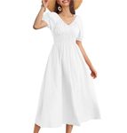 GRACE KARIN White Maxi Dress for Ladies Summer Short Puff Sleeve V Neck Ruched Wedding Guest Victorian Dresses for Women M Size 14