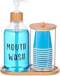 Beeveer Mouthwash Dispenser for Bathroom 17 Oz Refillable Mouth Wash Pump Bottle Paper Mouthwash Cup Holder with Bamboo Lid and Tray Clear Mouthwash Container for Bathroom Vanity Kitchen Sink