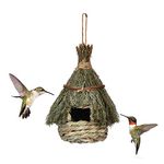 ORTUH 11x22cm Hummingbird House For Outside - Hand Woven Straw Rope Bird Nest | Small Hangable Natural Grass Birdhouse - Birds Roosting Pocket For Garden Patio Window Home Decoration