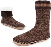 Cozylook Mens Slipper Socks Fleece Lined Non-slip Soles, Winter Soft Thick Cozy Home Boots, Warm Fuzzy House Shoes Indoor, Cable Knit Brown, 12-13