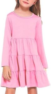 Arshiner Girls' Super Soft Cotton Long Sleeve Tiered Dress, Pink, 120(Age for 5-6Y)