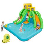 COSTWAY Inflatable Water Slide, 6-in-1 Bouncer Water Park with Climbing Wall, 2 Long Water Slides, Splash Pool, Water Cannons, Blow Up Water Slides for Backyard, Gift, Present (with Blower)