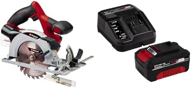 Einhell Power X-Change Cordless Circular Saw With Battery And Charger, 18V Rotary Wood Saw, Tool-Free Adjustment, LED, Dust Extraction - TE-CS 18/150 Li Electric Saw plus 4 Ah Starter Kit, Red, 150 mm