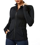 QUEENIEKE Women's Slim Fit Running Jackets - Long Sleeves Athletic Workout Gym Tops with Back Mesh Vent & Thumb Holes (Black, Medium)