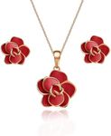 EVEVIC Rose Flower Necklace Earrings Set for Women 18K Gold Plated Hypoallergenic Jewelry Sets (Red)