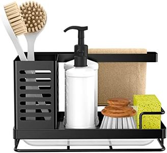 Sink Caddy, Kitchen Sink Organizer, Sponge Holder Stainless Steel Kitchen Caddy for Kitchen Sink with Removable Drain Pan Storage for Soap, Sponge, Scrubber Brush, Bottles, Dishcloth-Black