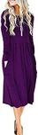 MISFAY Women's Long Sleeve Midi Dress Loose Casual Empire Waist Dresses with Pockets, Purple, Small