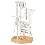 SONGMICS Jewellery Stand, Jewellery Organiser, 4 Independent Zones, Jewellery Display Stand with Metal Frame, Earring Bracelet Necklace Holder, for Rings, White and Natural Beige JJS03NW