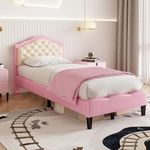 BTM 3ft Single Bed Frame, Upholstered Single Bed with Adjustable Button-Tufted Headboard, PU Faux Leather Single Bed Frame with Solid Wood Slats, 90x190cm, Pink+Beige (No Mattress)