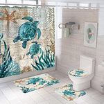 Nautical Blue Sea Bathroom Sets with Shower Curtain and Rugs and Accessories, Ocean Turtle Shower Curtain Sets with 12 Hooks, Bath Mat Set Bathroom Decor by Durable Waterproof Fabric