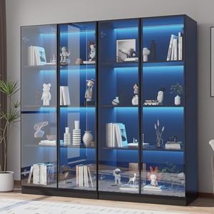 ZORPLIX Glass Display Cabinet with LED Lights Set of 2, Display Case Bookcase with 4-Tier Shelves, Curio Cabinet with 2 Glass Doors, Storage Cabinet for Collectibles, Living Room