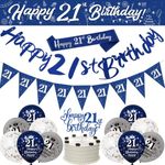 21st Birthday Decorations Blue Silver,21st Birthday Banners for Boy Men, Happy 21 Birthday Party Decoration for Him,Birthday Banner Bunting Sash Confetti Latex Balloons Triangle Flags Cake Toppers