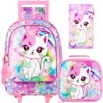 Rolling Backpack for Girls, Kids Sequins Roller School Bag with Lunch Bag, Sequins Wheeled Bookbag for Children - Pink Cat