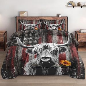 WeCozy Comforter Set King Size with 2 Pillowcases, Highland Cow Animal Bedding Set for Kids and Adults, Buffalo Bull Farm American Flag Soft Comforter Set for Bedroom Bed Decor