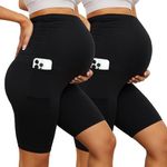 YOLIX 2 Pack Maternity Shorts Over Belly, High Waisted Black Workout 8” Pregnancy Biker Shorts with Pockets, Black/Black, Large