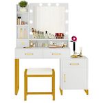 YITAHOME Dressing Table With Mirror and Stool,Vanity Makeup Table with Drawers w/ 3-Color LED Lights Mirror,Lights Brightness Adjustable,Power Outlet,Whtie Makeup Desk for Bedroom
