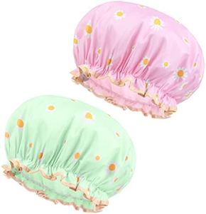 URAQT Gorro de Ducha Mujer, 2pcs Shower Cap Reutilizables, Gorro de Baño Elástico con Doble Cape, Gorro Impermeable para el Pelo de Patrón de Puntos para Hogar/Spa/Viajes/Hotel/Cocina (Rosa+Verde)