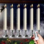 Wondise Remote Flameless Window Taper Candles with Timer and Suction Cups, Battery Operated LED Flickering Window Candles Real Wax Warm Light Christmas Decoration Set of 6(Silver Holders)