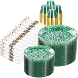 Rubtlamp 700Pcs Green Plastic Plates,Green Gold Plastic Dinnerware Set, Hammered Clear Green Plates with Gold Rim Include 100Dinner Platos,100Cake Platos,100Cups,100Pre Rolled Silverware