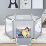 Baby Playpen, 6 Panel Playpen for Baby and Toddlers with Breathable Mesh and 30 Play Balls, Indoor Outdoor Baby Fence Portable Kids Activity Centre for Boys Girls, Light Grey