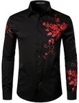 PARKLEES Men's Hipster Rose Floral Print Design Slim Fit Long Sleeve Button Up Party Dress Shirt Black Red M