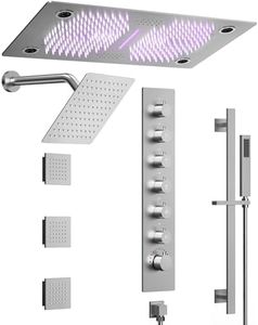 GRANDJOY Brushed Nickel LED Shower System, Bluetooth Music 28" x 16" Ceiling Mount Dual Shower Head with 3 Body Jets & Slide Bar