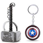 ZYZTA Combo of Marvel Avengers Superhero Design silver Thor Hammer and Captain America Rotating Shield Design Key Chains, Pack of 2, Multicolor