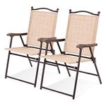 Tangkula Set of 2 Patio Folding Dining Chairs, Outdoor Sling Lawn Chairs with Armrests, Steel Frame, Portable Camping Lounge Chairs for Backyard, Deck, Poolside and Garden, No Assembly (Beige)