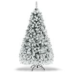 COSTWAY 7.5 FT Pre-Lit Christmas Tree, Snow Flocked Hinged Xmas Tree with 1010 Branches Tips & 450 LED Lights, Metal Stand, Artificial Pine Lighted Holiday Tree for Home Office Decorations