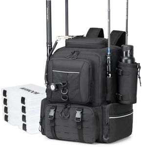 WANOON Fishing Backpack 45L with 4 Tackle Boxes, Durable & Comfortable Fishing Bag,Waterproof Insulated Bait Pocket & 4 Rod Holders