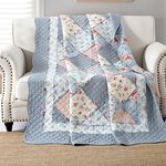 Qucover Single Bedspread Quilted Soft Cotton Blue Floral Patchwork Quilts, Quilted Blanket 150x200 cm