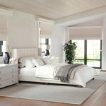 Martha Stewart Kay Low Profile Platform Bed with Wingback Headboard, Channel Stitched Faux Linen Upholstery, No Box Spring Needed, Queen, Beige