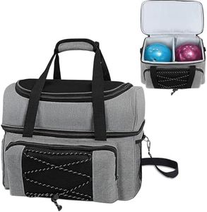 ALSLEA Bowling Ball Bag 2 Ball Bowling Bags Double Layers Bowling Totes with Padded Holder Portable Dual Bowling Ball Case Large Bowling Gear Organizer Fits Bowling Shoes Up to Mens Size 16 (Gray)